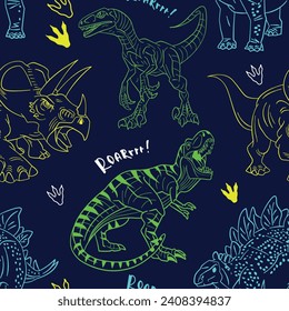 linear seamless pattern with dinosaurs for print, bright outlines of dinosaurs on a dark background, dino pattern