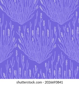 Linear seamless pattern with heather. Decorative print in purple hues. Romantic background for design of womens fabrics. Flat vector illustration.