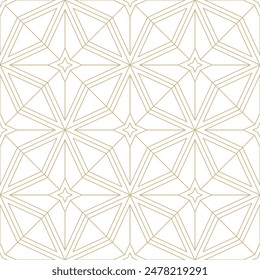 Linear seamless pattern with stars. Golden lines and stars diamond pattern diagonal tiles. Modern geometric art deco or moroccan tile pattern. Golden fine line celestial design on white background.