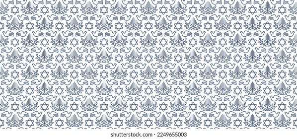 Linear seamless pattern with symbols of Judaism, star of David, menorah , olive branch and dove symbol of peace vector illustration