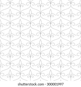 Linear seamless pattern with thin lines and scrolls forming decorative lattice. Monochrome Abstract Vector Illustration.