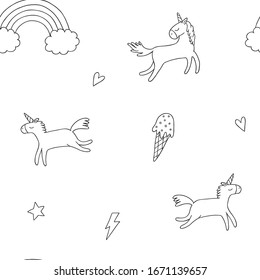 linear seamless pattern with unicorns and rainbow.  Black-white background in cartoon characters.