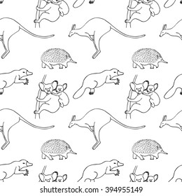 Linear seamless pattern of vector animals isolated on white background. Vector illustration of cute animal including kangaroo, koala, platypus and echidna.