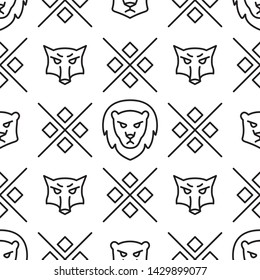 Linear seamless pattern with wild wolves and lions. Vector line illustration