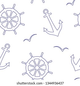Linear seamless vector pattern of a sea steering wheels,anchors,seagulls. 