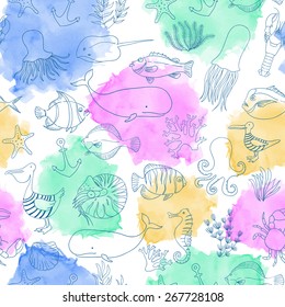 Linear seamless vector pattern. Sea fish and animals illustration. Watercolor background. 
