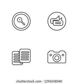 Linear Search, Text, Message, Photo Camera Vector Illustration Of 4 outline Icons. Editable Pack Of Search, Text, Message, Photo Camera