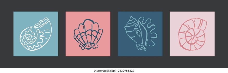 Linear seashell collection in retro cartoon style. Hand-drawn marine elements: spiral shells, clams, coral fragments. Illustration in funky, doodle style, trendy sticker set.