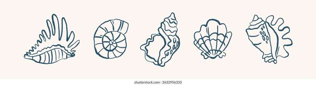 Linear seashell collection in retro cartoon style. Hand-drawn marine elements: spiral shells, clams, coral fragments. Illustration in funky, doodle style, trendy sticker set.