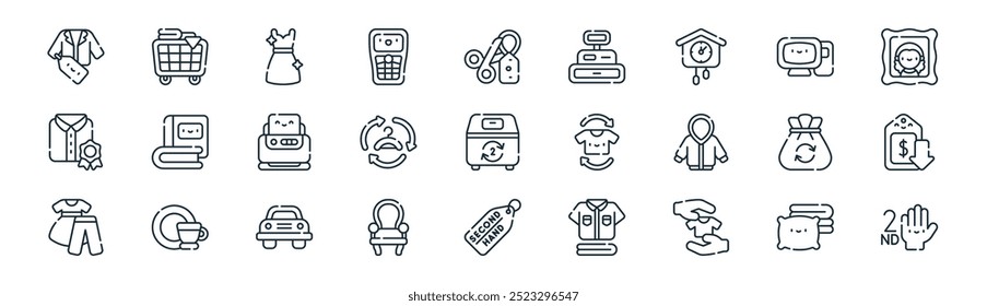 linear second hand store icon pack. vector thin line bed linen, trolley, dress, old computer, second hand, price tag, second hand, icons suitable for apps and websites ui designs