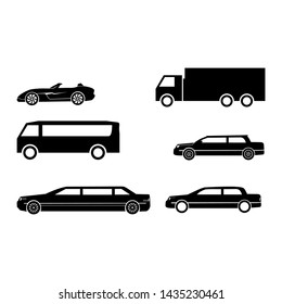 linear sedan car, truck, and bus vehicles icon set