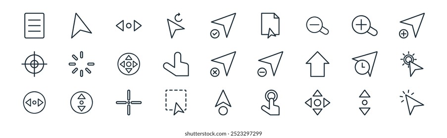 Vector de líneas finas de desplazamiento, selección, desplazamiento, acercamiento, puntero, selección, cursor, iconos de Hacer clic adecuados para App y Sitios web UI diseños