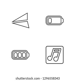 Linear Send, Full Battery, Low Battery, Music Note Vector Illustration Of 4 outline Icons. Editable Pack Of Send, Full Battery, Low Battery, Music Note