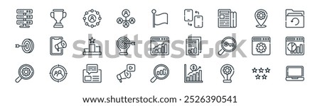 linear seo and marketing icon pack. vector thin line rating, trophy, network, location, marketing strategy, dashboard, market research, laptop icons suitable for apps and websites ui designs