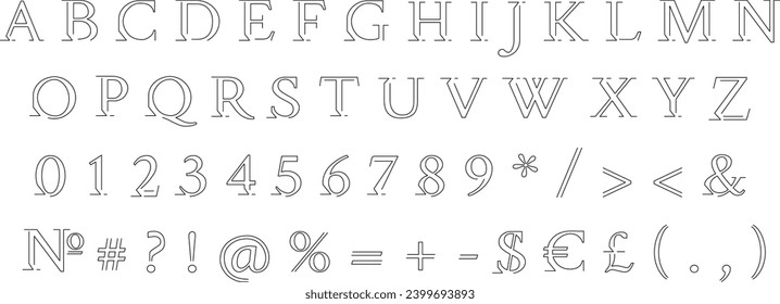 Linear serif roman alphabet set. Vector decorative typography. Decorative typeset style. Latin script for headers. Trendy letters and numbers for graphic posters, banners, invitations texts