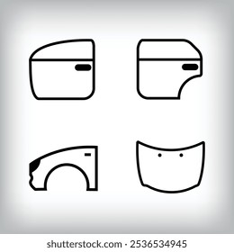 Linear set of 4 vehicle body icons. Door, fender and hood vehicle parts and design icon set.