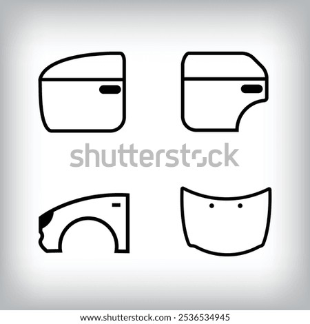 Linear set of 4 vehicle body icons. Door, fender and hood vehicle parts and design icon set.