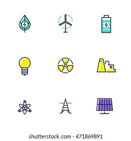 Linear set of alternative energy icons. Flat vector illustration.
