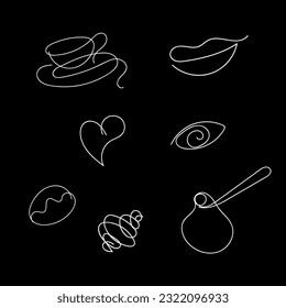 Linear set for cafes and bakeries. Set of continuous one line art elements. Line style eps