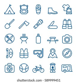 Linear set of camping and tourism icons. Vector illustration