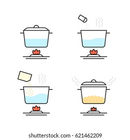 Linear set of cooking porridge in stages on white. Stroke flat style unusual graphic art design. Concept of procedure of making morning breakfast on gas stove and information of package of muesli