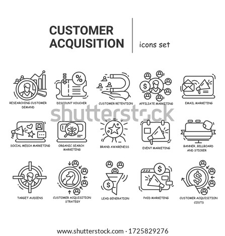 linear set of customer attraction icons. Customer acquisition.Client attraction.Strategy for startups.Guide steps  to acquire buyers.Isolated linear vector business  illustrations.Editable stroke
