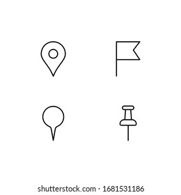 conjunto lineal de diferentes pines. los elementos de los mapas gráficos para marcar los lugares de interés y la dirección, las carreteras de la ciudad para el turismo, encontrar excursiones y el viaje. líneas delgadas simples signos negros sobre fondo blanco