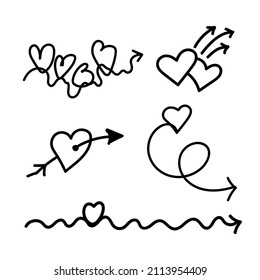 Linear set doodle icon love arrow with hearts. Love pointer, trajectory, like. Vector design element for social media, valentines day and romantic designs.