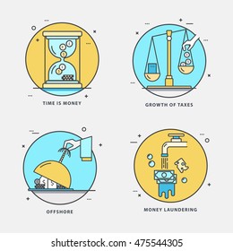 Linear set of economic icons with popular problems and phrasing: time is money, growth taxes, offshore, laundering. Vector flat style perfect for news, mass media and websites.