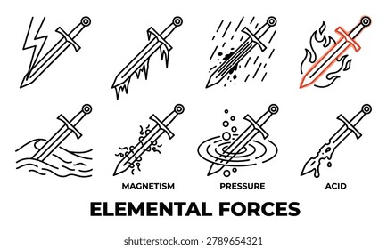 Linear set of eight sword icons featuring elemental powers including magnetism pressure and acid for fantasy games.