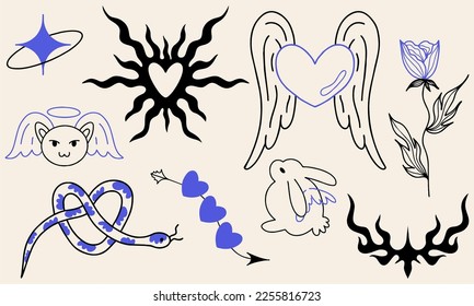 Linear set of fabulous stickers. Vector hand drawn sketch illustrations of plants, hearts, animals and objects in trendy psychedelic weird style. Tattoo sketch.