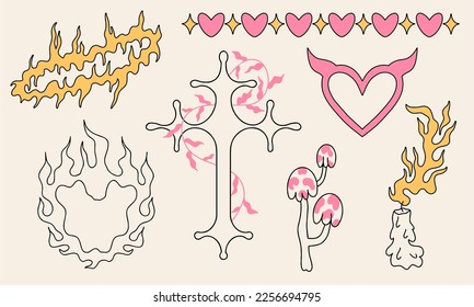 Linear set of fabulous stickers. Vector hand drawn sketch illustrations of fire, heart, cross and mushrooms, trendy gothic retro style. Tattoo sketch.