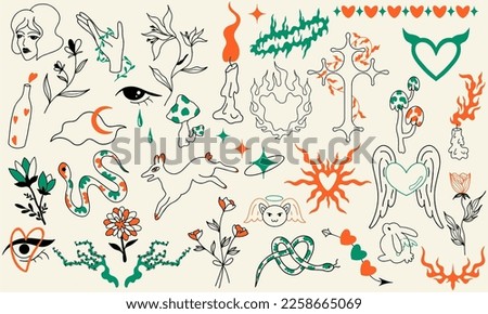 Linear set of fabulous stickers. Vector hand drawn sketch illustrations of plants, animals and objects in a trendy psychedelic weird style. Tattoo sketch.