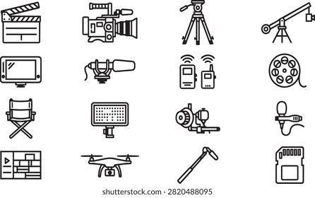 Linear set of filmmaker tools including cinema camera tripod drone microphone and film editing.