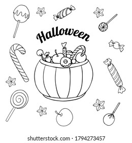 Linear set of halloween, decorative design, vector illustration