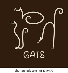 Linear set hand drawn silhouettes of cats in different poses. Vector illustration
