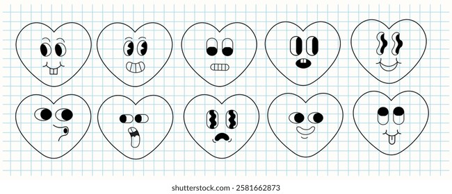 linear set of heart shape character in doodle style. Icons for decoration design mail posts postcards poster print invitation background backdrop wrapping wallpaper