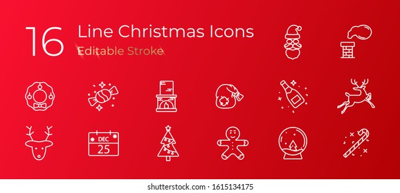 The linear set of Holiday Christmas icons on red background. Vector illustration. EPS10