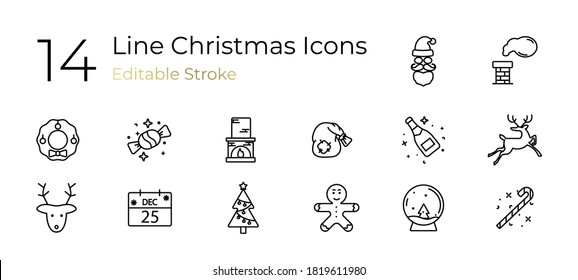 The linear set of Holiday Christmas icons on red background. Vector illustration. EPS10