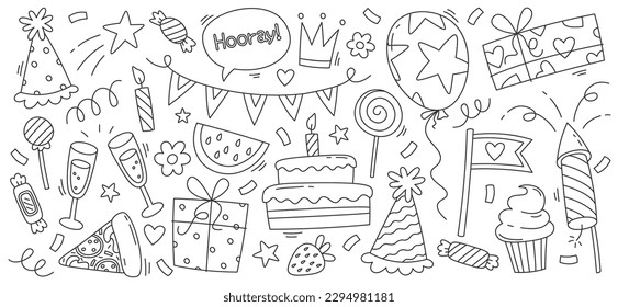 Linear set of holiday design elements. Party decorations. Festive flags, birthday cake, balloons, glasses with champagne, present gifts and candies. Special party design elements