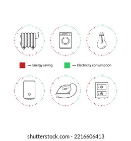 A linear set of icons for the graph of electricity consumption, Infographics of household electrical appliances icons, Vector graphics