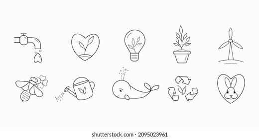 Linear set of icons on ecology theme about saving planet, plants, animals, energy, recycling and eco-friendly way of life.