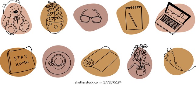 Linear set of icons on the theme of home work online. Doodle style. Glasses, cup of coffee, coffee, notepad, toy, yoga mat, pillow and teddy bear. Isolated on white background, vector