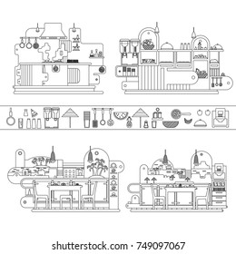 The linear set of the interiors of the buffet restaurant. Thin line banner template. Graphic sketch. The table on the terrace with sea views, kitchen equipment, showcase for cooked food.