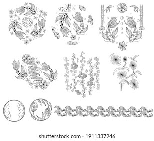 Linear Set of Japanese composition in black. Vector outline drawing with koi-fish, flower, wave, bamboo, round composition. Modern Asian template for stationery, card, invitation in oriental style