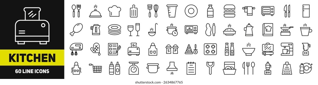 Conjunto linear de ícones da cozinha. Ícones vetoriais de cozinha e culinária