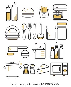 linear set of kitchen tools and food icons
