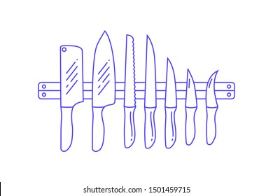 linear set of knives for kitchen. blue lineart utensils objects on magnetic holder for butcher shop and art design symbols isolated on white wall background.  