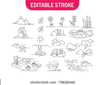 linear set of nature icons. Landscapes with mountains, flowers, river, sea, clouds and sunrise. Vector illustration