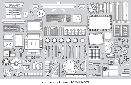 Linear set. Objects for business and art on a office desk. Top view.
Workspace creator, artist, designer, businessman.
Computer hardware and gadgets. Paints and stationery. Paper and desktop objects.